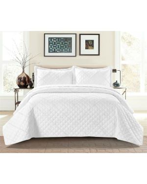 Luxury Bedspread Quilted Comforter Bed Runner Throw With Matching Pillow Shams in White