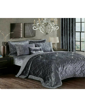Caconda Grey Quilted Bedspread Crushed Velvet Bed Set With 2 Pillow Shams