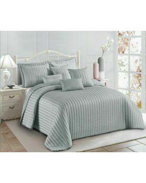 Luxury Pom Bedspread Quilted Comforter Bed Runner Throw With Matching Pillow Shams Silver