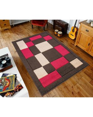 Brown Red Sassui Rug Carpets Geometric Square Design Runner Floor Mat