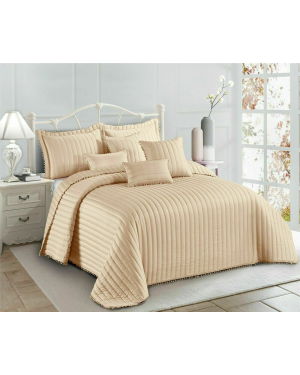 Luxury Pom Bedspread Quilted Comforter Bed Runner Throw With Matching Pillow Shams Beige
