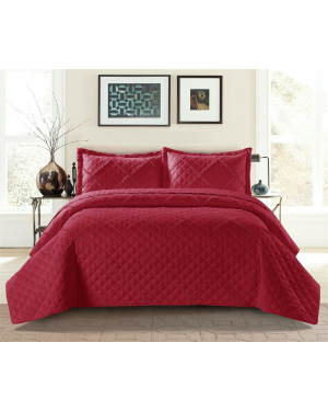 Luxury Bedspread Quilted Comforter Bed Runner Throw With Matching Pillow Shams in Red