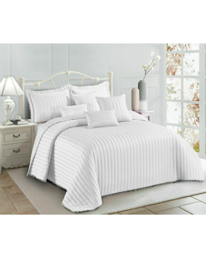 Luxury Pom Bedspread Quilted Comforter Bed Runner Throw With Matching Pillow Shams White