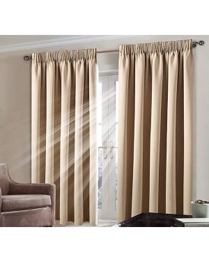 Heavy Insulated Pencil Pleat Tape Top Thermal Blackout Curtain Pair Panels Room Darkening Beige