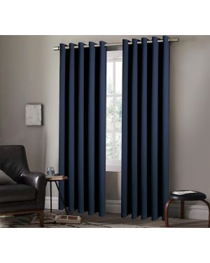 The Blackout Thermal Insulated Curtain with Ring Top Eyelet Panel & Tie Backs - Blue 