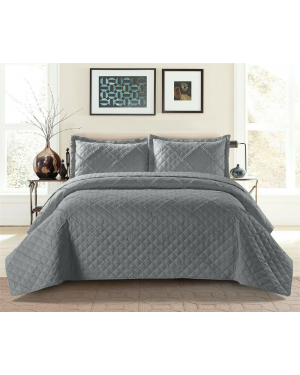 3 PCS Bedspread Ruffle Embossed Quilted Grey Bed Throw Bedding Set With Pillow Shams