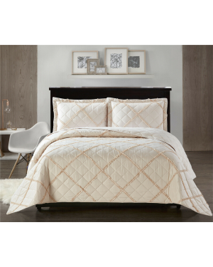 3 PCS Bedspread Ruffle Embossed Quilted Bed Throw Bedding Set With Pillow Shams Beige