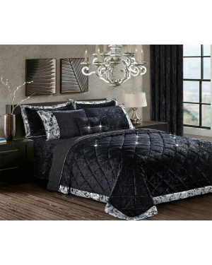 Quilted Bedspread Caconda Black Crushed Velvet Bed Set with 2 Pillow Shams