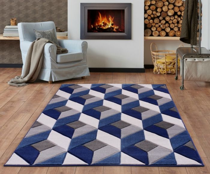 Modern Geometric Design Blue Grey Area Rug Runner